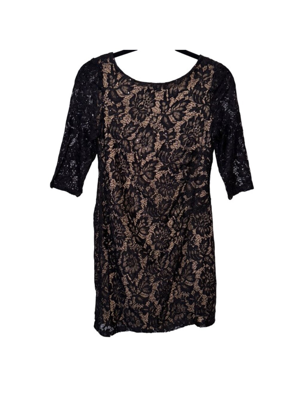 Scarlett Black Lace Overlay Dress With Nude Lining & 3/4 Sleeves Size 12